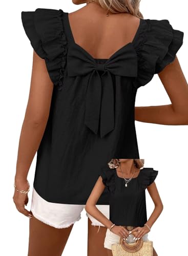 TUUHAW Tunika Damen Große Größen Sommer Niedliche Kurzarm Top mit Schleife am Rücken Süße Oberteile Fließende Elegante Volant Paspel Rüschen T-Shirt Lässig Outfits Chiffon Kleidung Schwarz 4XL von TUUHAW