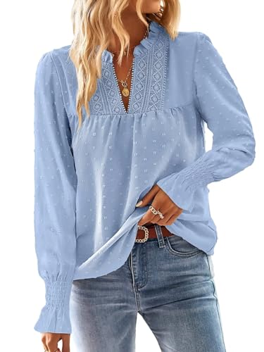 TUUHAW Tunika Damen Langarm Boho Bluse Herbst Top Oberteile Fließend Spitze Rüschen Süß Elegant V-Ausschnitt Frühling T Shirt Lässig Outfits Winter Kleidung Blau S von TUUHAW