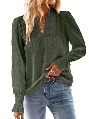TUUHAW Tunika Damen Langarm Boho Bluse Herbst Top Oberteile Fließend Spitze Rüschen Süß Elegant V-Ausschnitt Frühling T Shirt Lässig Outfits Winter Kleidung Grün XL von TUUHAW
