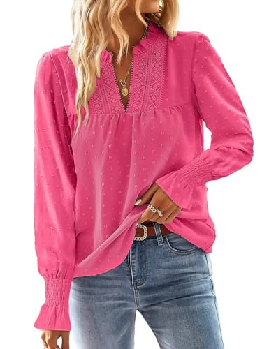 TUUHAW Tunika Damen Langarm Boho Bluse Herbst Top Oberteile Fließend Spitze Rüschen Süß Elegant V-Ausschnitt Frühling T Shirt Lässig Outfits Winter Kleidung Knallrosa S von TUUHAW