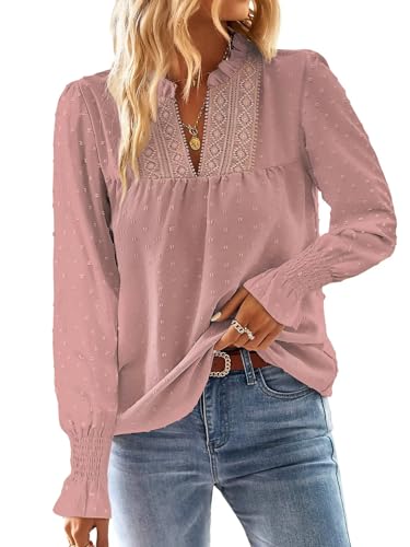 TUUHAW Tunika Damen Langarm Boho Bluse Herbst Top Oberteile Fließend Spitze Rüschen Süß Elegant V-Ausschnitt Frühling T Shirt Lässig Outfits Winter Kleidung Rosa XL von TUUHAW