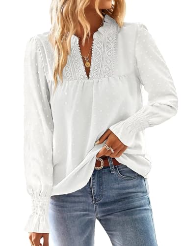 TUUHAW Tunika Damen Langarm Boho Bluse Herbst Top Oberteile Fließend Spitze Rüschen Süß Elegant V-Ausschnitt Frühling T Shirt Lässig Outfits Winter Kleidung Weiß XL von TUUHAW