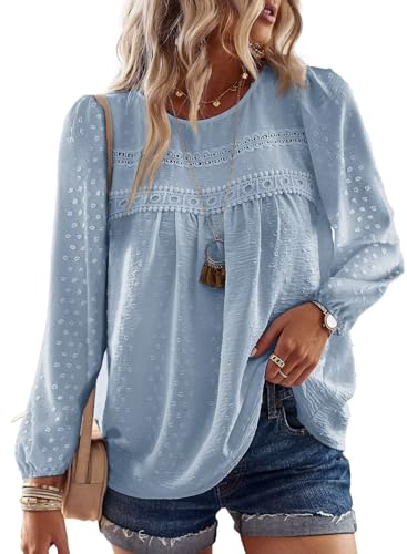 TUUHAW Tunika Damen Langarmshirt Herbst Boho Bluse Fließend Elegant Tunika Rundhals Top Oberteile Lässig Winter Frühling Outfits Spitze Kleidung Longshirt Langarm Blau L von TUUHAW
