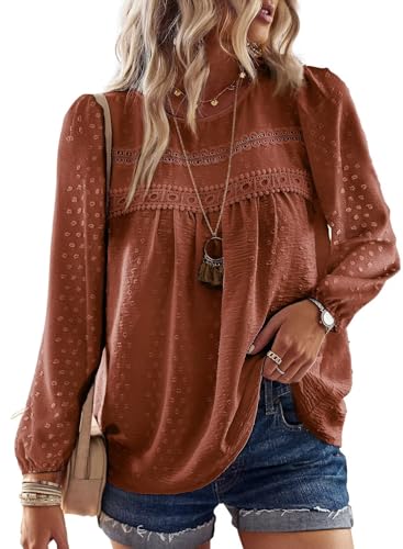 TUUHAW Tunika Damen Langarmshirt Herbst Boho Bluse Fließend Elegant Tunika Rundhals Top Oberteile Lässig Winter Frühling Outfits Spitze Kleidung Longshirt Langarm Orange L von TUUHAW