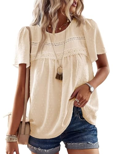 TUUHAW Tunika Damen Sommer Boho Bluse Kurzarm Top Oberteile Fließend Spitze Rüschen Süß Elegant Rundhals T Shirt Lässig Outfits Frühling Spitze Herbst Kleidung Aprikose XL von TUUHAW