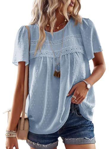 TUUHAW Tunika Damen Sommer Boho Bluse Kurzarm Top Oberteile Fließend Spitze Rüschen Süß Elegant Rundhals T Shirt Lässig Outfits Frühling Spitze Herbst Kleidung Blau M von TUUHAW
