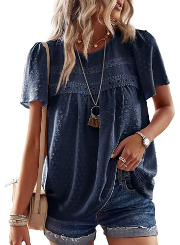 TUUHAW Tunika Damen Sommer Boho Bluse Kurzarm Top Oberteile Fließend Spitze Rüschen Süß Elegant Rundhals T Shirt Lässig Outfits Frühling Spitze Herbst Kleidung Dunkelblau M von TUUHAW