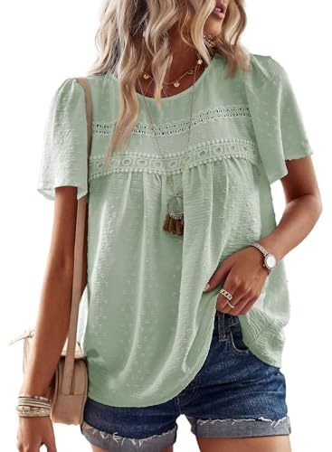 TUUHAW Tunika Damen Sommer Boho Bluse Kurzarm Top Oberteile Fließend Spitze Rüschen Süß Elegant Rundhals T Shirt Lässig Outfits Frühling Spitze Herbst Kleidung Hellgrün M von TUUHAW