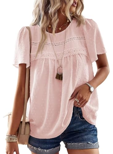 TUUHAW Tunika Damen Sommer Boho Bluse Kurzarm Top Oberteile Fließend Spitze Rüschen Süß Elegant Rundhals T Shirt Lässig Outfits Frühling Spitze Herbst Kleidung Hellrosa M von TUUHAW