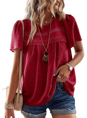 TUUHAW Tunika Damen Sommer Boho Bluse Kurzarm Top Oberteile Fließend Spitze Rüschen Süß Elegant Rundhals T Shirt Lässig Outfits Frühling Spitze Herbst Kleidung Rot M von TUUHAW