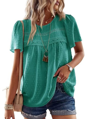 TUUHAW Tunika Damen Sommer Boho Bluse Kurzarm Top Oberteile Fließend Spitze Rüschen Süß Elegant Rundhals T Shirt Lässig Outfits Frühling Spitze Herbst Kleidung Türkis XL von TUUHAW