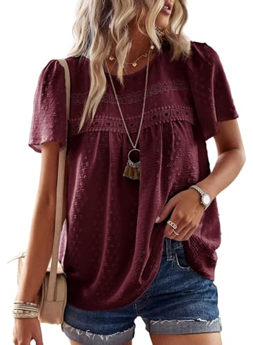 TUUHAW Tunika Damen Sommer Boho Bluse Kurzarm Top Oberteile Fließend Spitze Rüschen Süß Elegant Rundhals T Shirt Lässig Outfits Frühling Spitze Herbst Kleidung Weinrot M von TUUHAW