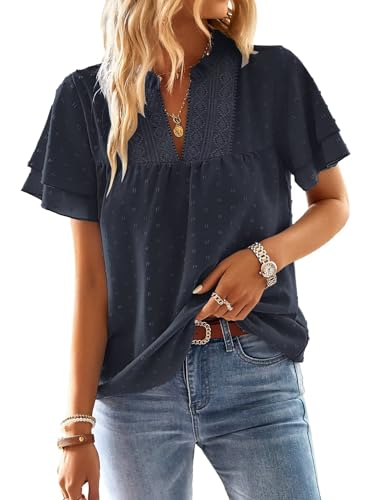 TUUHAW Tunika Damen Sommer Boho Bluse Kurzarm Top Oberteile Fließend Spitze Rüschen Süß Elegant V-Ausschnitt Flügelärmel T Shirt Lässig Outfits Frühling Spitze Herbst Kleidung Dunkelblau M von TUUHAW