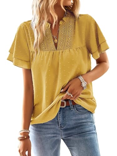 TUUHAW Tunika Damen Sommer Boho Bluse Kurzarm Top Oberteile Fließend Spitze Rüschen Süß Elegant V-Ausschnitt T Shirt Lässig Outfits Frühling Spitze Herbst Business Kleidung Gelb XL von TUUHAW