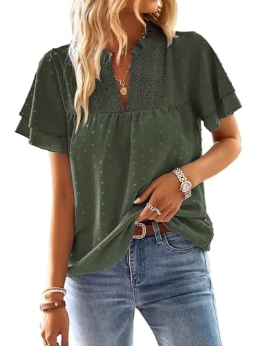 TUUHAW Tunika Damen Sommer Boho Bluse Kurzarm Top Oberteile Fließend Spitze Rüschen Süß Elegant V Ausschnitt T Shirt Lässig Outfits Frühling Spitze Herbst Lose Kleidung Grün M von TUUHAW