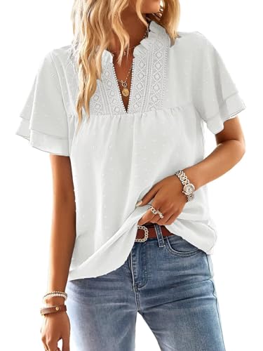 TUUHAW Tunika Damen Sommer Boho Bluse Kurzarm Top Oberteile Fließend Spitze Rüschen Süß Elegant V-Ausschnitt T Shirt Lässig lockere Passform Outfits Frühling Spitze Herbst Kleidung Weiß M von TUUHAW