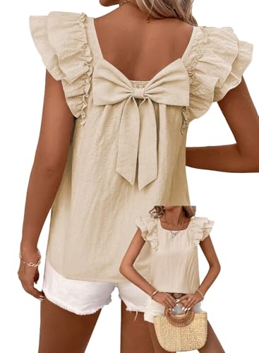 TUUHAW Tunika Damen Sommer Niedliche Rundhals T-Shirt Rüschen Süße Elegante Kurzarm Top Oberteile Chiffon Kleidung mit Schleife am Rücken Paspel Lässig Outfits Aprikose M von TUUHAW