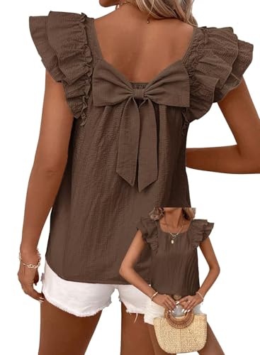 TUUHAW Tunika Damen Sommer Niedliche Rundhals T-Shirt Rüschen Süße Elegante Kurzarm Top Oberteile Chiffon Kleidung mit Schleife am Rücken Paspel Lässig Outfits Braun M von TUUHAW
