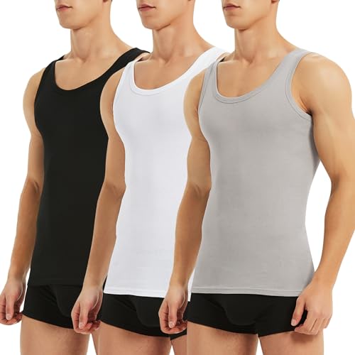 TUUHAW Unterhemd Herren Tank Top 3er Pack 100% gekämmte Baumwolle Feinripp Tanktop Herren Schwarz Unterhemden Männer Viele Farben Muskelshirts Herren Gym Schwarz Weiß Grau 3XL von TUUHAW