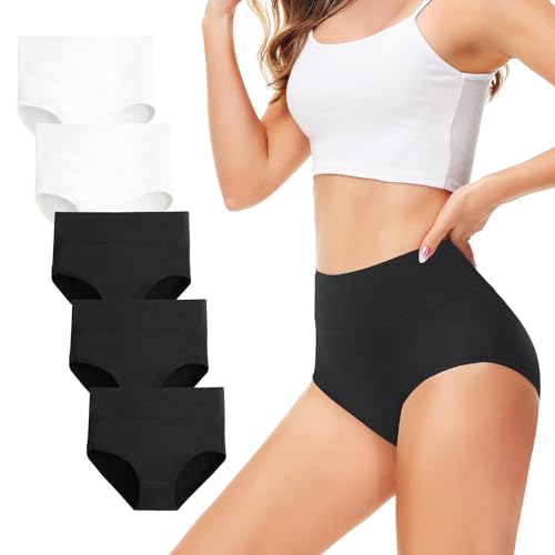 TUUHAW Unterhosen Damen Unterwäsche 5er Pack Slip Miederhose Baumwolle Hoher Taille Atmungsaktive Schwarz Weiß L von TUUHAW