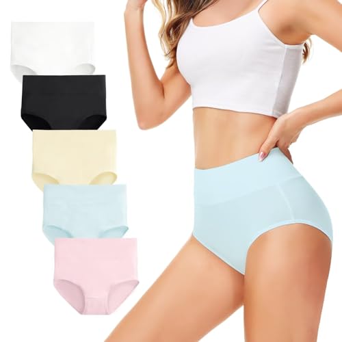 TUUHAW Unterhosen Damen Unterwäsche 5er Pack Slip Miederhose Baumwolle Hoher Taille Atmungsaktive Mehrfarbig-2 M von TUUHAW