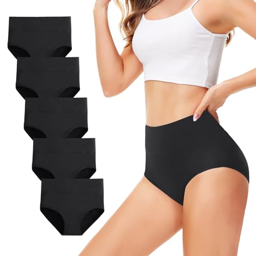 TUUHAW Unterhosen Damen Unterwäsche 5er Pack Slip Miederhose Baumwolle Hoher Taille Atmungsaktive SCHWARZ 2XL von TUUHAW