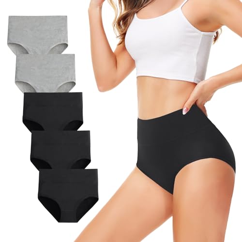 TUUHAW Unterhosen Damen Unterwäsche 5er Pack Slip Miederhose Baumwolle Hoher Taille Atmungsaktive Schwarz Grau_L von TUUHAW