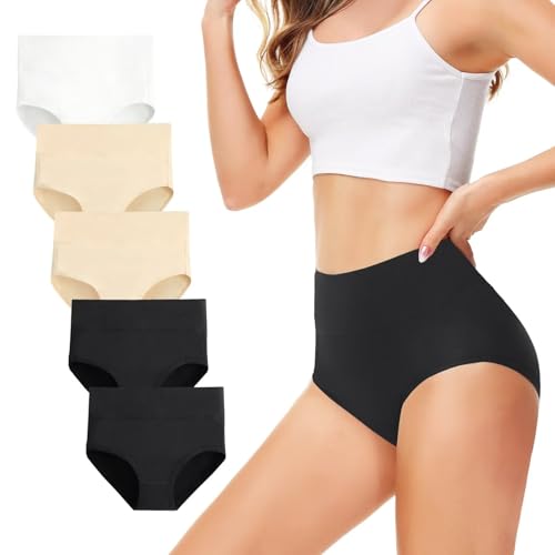 TUUHAW Unterhosen Damen Unterwäsche 5er Pack Slip Miederhose Baumwolle Hoher Taille Atmungsaktive Schwarz Hautfarbe Weiß_2XL von TUUHAW
