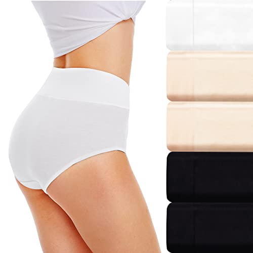 TUUHAW Unterhosen Damen Unterwäsche 5er Pack Slip Miederhose Baumwolle Hoher Taille Atmungsaktive Schwarz Hautfarbe Weiß_3XL von TUUHAW