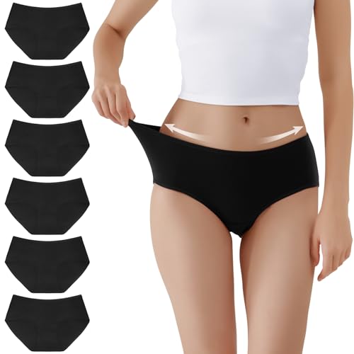 TUUHAW Unterhosen Damen Unterwäsche Slips Baumwolle Pantys Hipster Mittel Taille Höschen Frauen Perioden 6er Pack Schwarz XL von TUUHAW