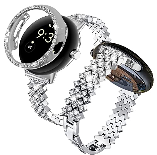 Armbänder kompatibel Bling Google Pixel Watch/Google Pixel Watch 2 Bänder für Frauen Strass Diamant Metall Armreif Schmuck Edelstahl für Google Pixel Uhrenarmband (Silber) von TUV PLNT