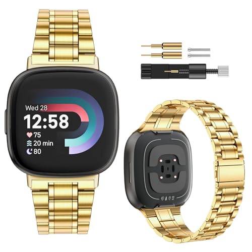 Massives Edelstahlband, kompatibel mit Fitbit Versa 4/Versa 3, Metallarmband für Fitbit Sense/Sense 2 Damen und Herren (Gold) von TUV PLNT
