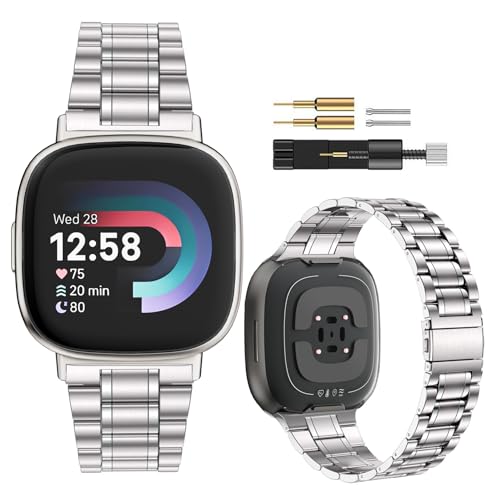 Massives Edelstahlband, kompatibel mit Fitbit Versa 4/Versa 3, Metallarmband für Fitbit Sense/Sense 2 Damen und Herren (Silber) von TUV PLNT