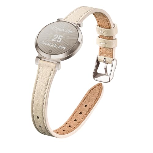 Schlankes Lederband, kompatibel mit Garmin Lily 2 Active für Damen, genarbtes Echtleder, dünnes Uhrenarmband für Garmin Lily 2 Watch Band (Beige/Silber) von TUV PLNT