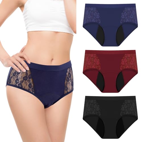 TUXIYA 3er-Pack Inkontinenzunterwäsche für Damen, auslaufsichere Unterwäsche für Damen, waschbar und wiederverwendbar, gegen Auslaufen, Schutzhöschen (S, Schwarz/Rot/Blau) von TUXIYA