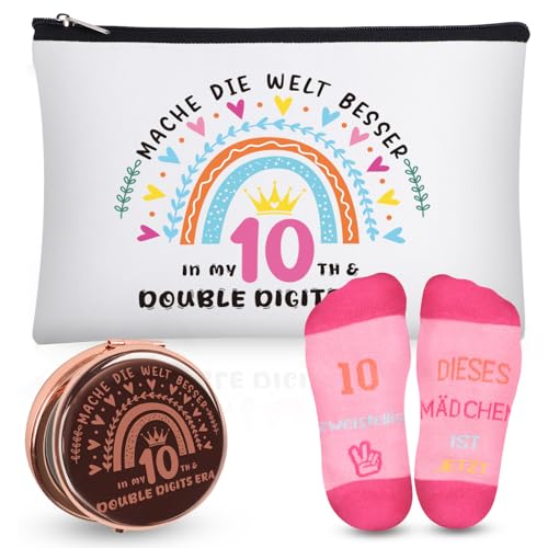 10 Geburtstag Mädchen Geschenk Set, Geburtstag Geschenke für 10 Jährige Mädchen mit Originelle 10. Kosmetiktasche, 10. Rosa Socken und Kosmetikspiegel Tochter Geschenk von TUZELIYA