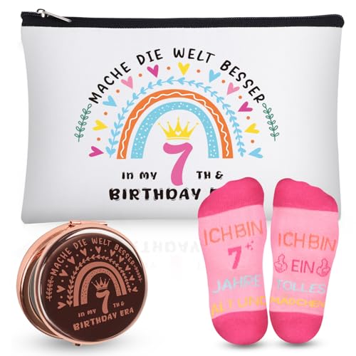7 Geburtstag Mädchen Geschenk Set, Geburtstag Geschenke für 7 Jährige Mädchen mit Originelle 7. Kosmetiktasche, 7. Rosa Socken und Kosmetikspiegel Tochter Geschenk von TUZELIYA