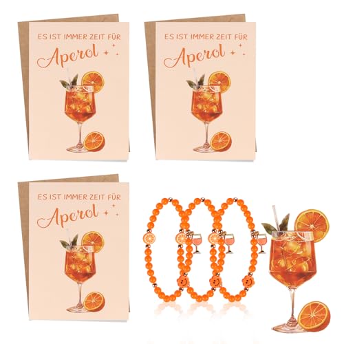 TUZELIYA Aperol Geschenke Frau - inkl. 3 Aperol Armbänder und 3 Grußkarten(Klappkarte mit Umschlag) - Es ist immer Zeit für Aperol - Aperol Deko für Aperol-Liebhaber zu Geburtstag und Party von TUZELIYA