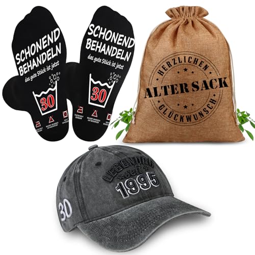 TUZELIYA Geschenk für 30 Geburtstag Mann - 30 Geburtstag Männer 3 in 1 Geschenkset Alter Sack Geschenkbeutel mit Baseball Cap und Socken - 30 Jahre Geschenk 1995 von TUZELIYA