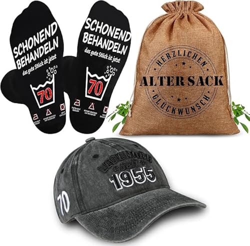 TUZELIYA Geschenk für 70 Geburtstag Mann - 70 Geburtstag Männer 3 in 1 Geschenkset Alter Sack Geschenkbeutel mit Baseball Cap und Socken - 70 Jahre Geschenk 1955 von TUZELIYA