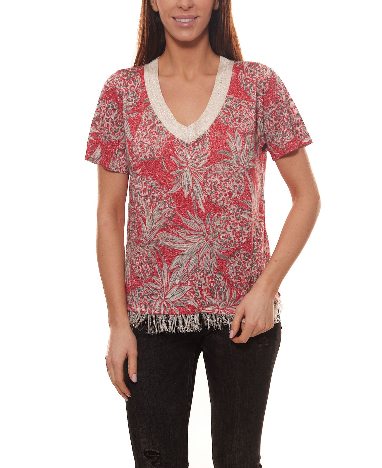 TUZZI Strick-Shirt modisches Damen Fransen-Shirt mit Ananas-Druck Rot/Weiß von TUZZI