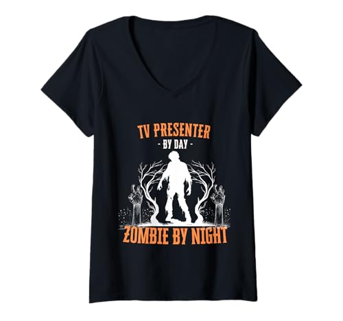 Damen Fernsehmoderator von Day Zombie by Night Lustiges Halloween-Gruseliges T-Shirt mit V-Ausschnitt Damen Fernsehmoderator von Day Zombie by Night Lustiges Halloween-Gruseliges T-Shirt mit V-Ausschnitt von TV Presenter Halloween Career Costumes