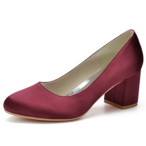 Damen Satin Runde Zehen Brautschuhe Slip on Blockabsatz Abend Hochzeitsschuhe Geschlossene Zehe Pumps,Burgundy,36 EU von TVACHI