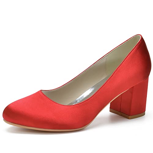 Damen Satin Runde Zehen Brautschuhe Slip on Blockabsatz Abend Hochzeitsschuhe Geschlossene Zehe Pumps,Rot,42 EU von TVACHI