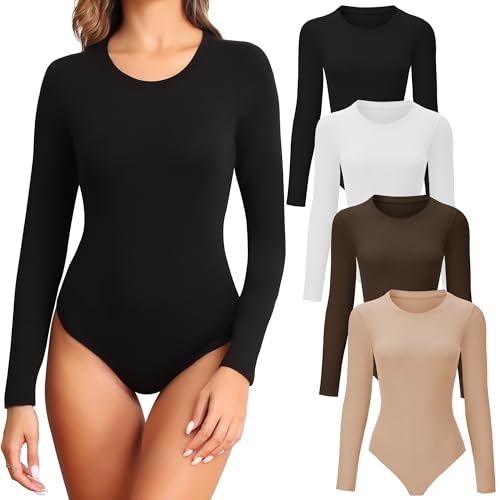 TVKSOM 4/5 Pack Langarm Bodysuit für Frauen Rundhals Casual Basic Stretchy Body Suits Tops, 4 Stück, schwarz, weiß, hautfarben, kaffeefarben, S von TVKSOM