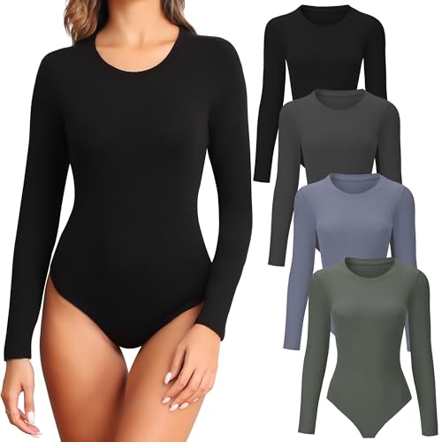 TVKSOM 4/5 Pack Langarm Bodysuit für Frauen Rundhals Casual Basic Stretchy Body Suits Tops, 4er-Pack Schwarz, Dunkelgrau, Dunkelblau, Olivgrün, M von TVKSOM