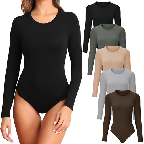 TVKSOM 4/5 Pack Langarm Bodysuit für Frauen Rundhals Casual Basic Stretchy Body Suits Tops, 5er-Pack Schwarz Nude Hellgrau Olivgrün Kaffee, S von TVKSOM