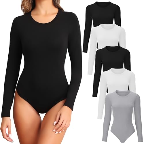 TVKSOM 4/5 Pack Langarm Bodysuit für Frauen Rundhals Casual Basic Stretchy Body Suits Tops, 5er Pack Schwarz Schwarz Weiß Weiß Hellgrau, M von TVKSOM