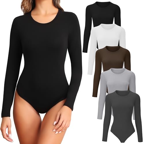 TVKSOM 4/5 Pack Langarm Bodysuit für Frauen Rundhals Casual Basic Stretchy Body Suits Tops, 5er Pack Schwarz Weiß Dunkelgrau Hellgrau Kaffee, S von TVKSOM