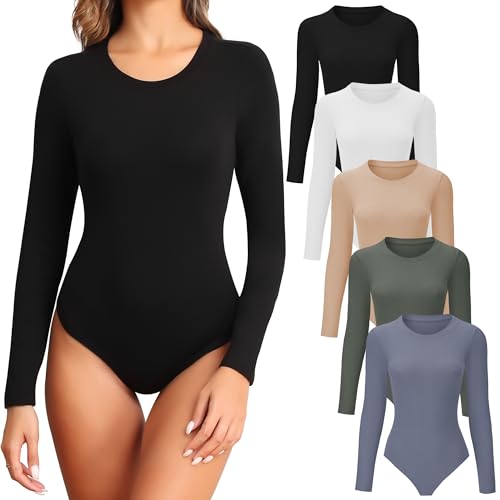 TVKSOM 4/5 Pack Langarm Bodysuit für Frauen Rundhals Casual Basic Stretchy Body Suits Tops, 5er Pack Schwarz Weiß Nude Olive Grün Dunkelblau, L von TVKSOM